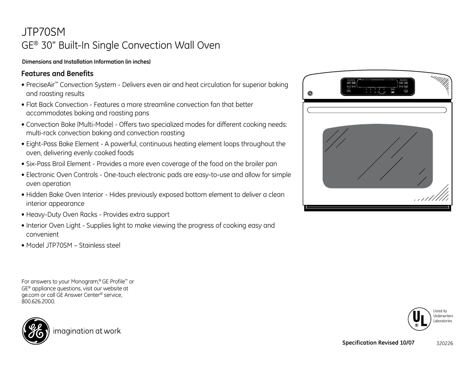 Jtp70sm, 30" built-in single convection wall oven | GE JTP70SMSS User Manual | Page 3 / 3