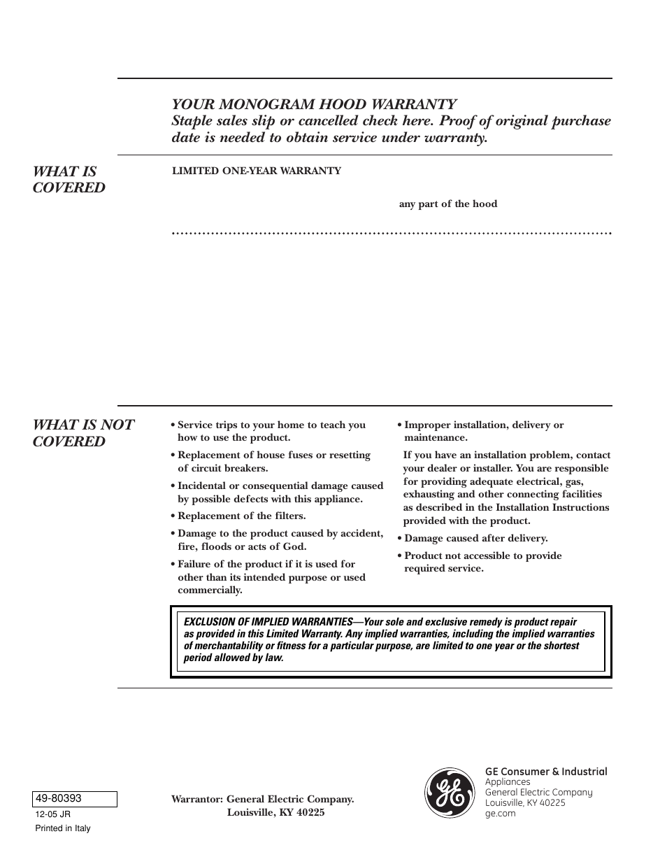 Warranty, What is not covered | GE ZV48 User Manual | Page 12 / 12