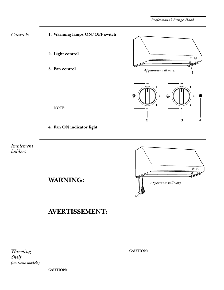 Controls and features, Warning, Avertissement | Controls, Implement holders, Warming shelf | GE ZV48 User Manual | Page 5 / 12