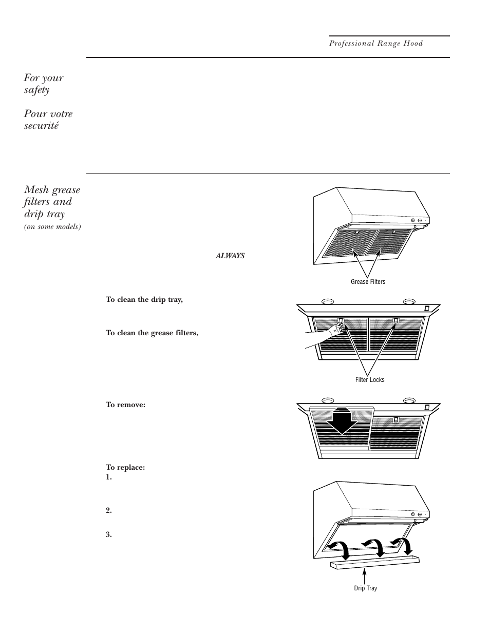Mesh grease filters, Care and cleaning, For your safety pour votre securité | Mesh grease filters and drip tray | GE ZV48 User Manual | Page 6 / 12