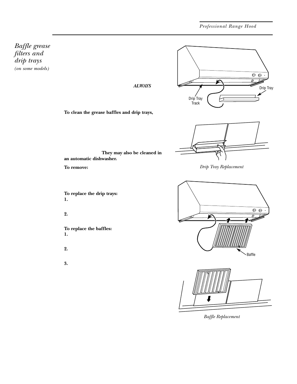 Baffle grease filters, Drip trays, Baffle grease filters drip trays | Baffle grease filters and drip trays, Care and cleaning | GE ZV48 User Manual | Page 7 / 12