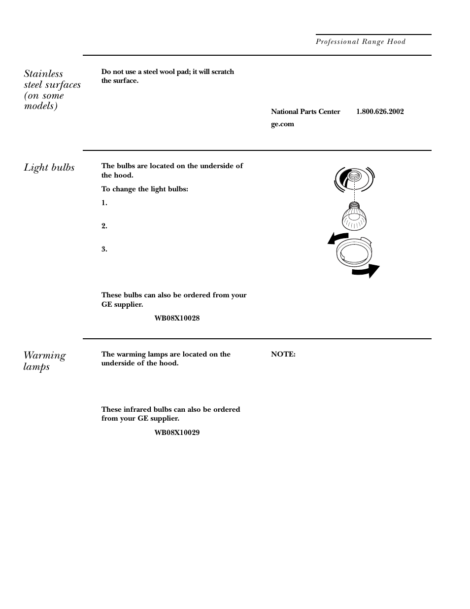 Hood surfaces, Light bulbs, Warming lamps | Hood surfaces light bulbs, Care and cleaning, Stainless steel surfaces (on some models) | GE ZV48 User Manual | Page 8 / 12