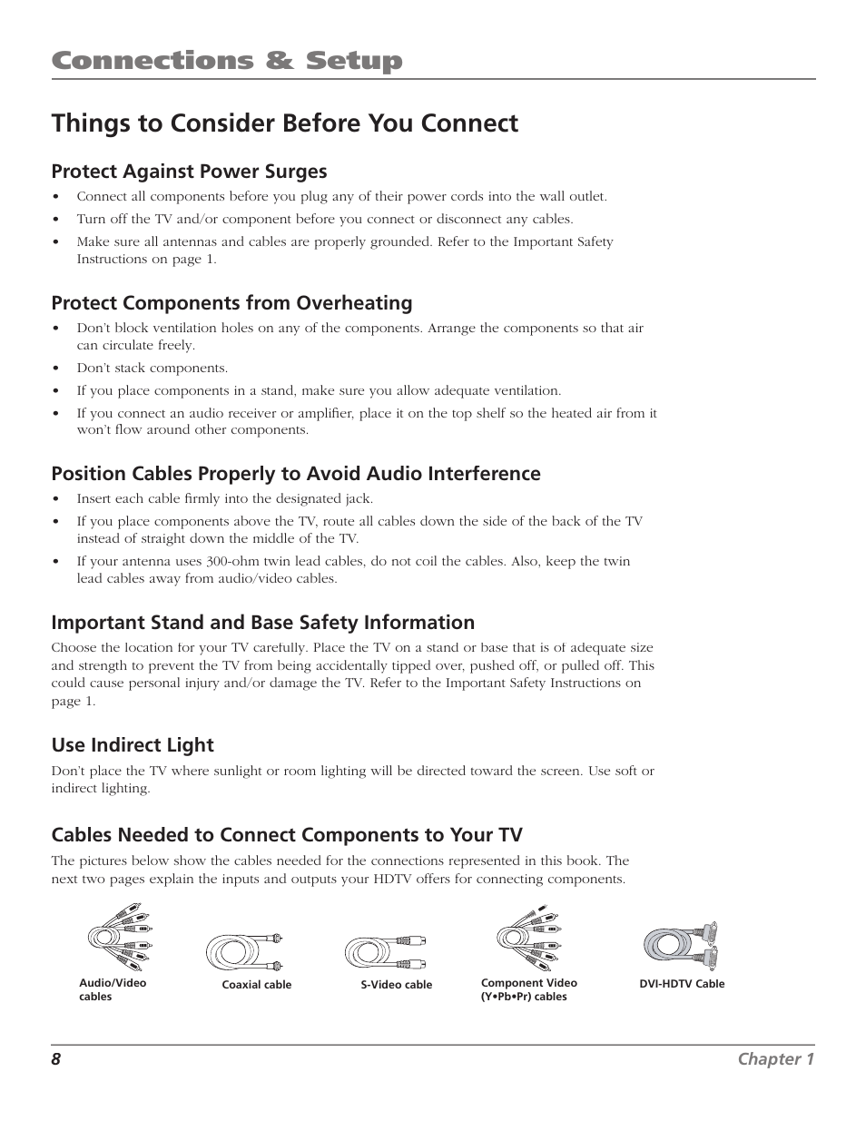 Connections & setup, Things to consider before you connect, Protect against power surges | Protect components from overheating, Important stand and base safety information, Use indirect light, Cables needed to connect components to your tv | GE RCA High Definition Television User Manual | Page 10 / 64