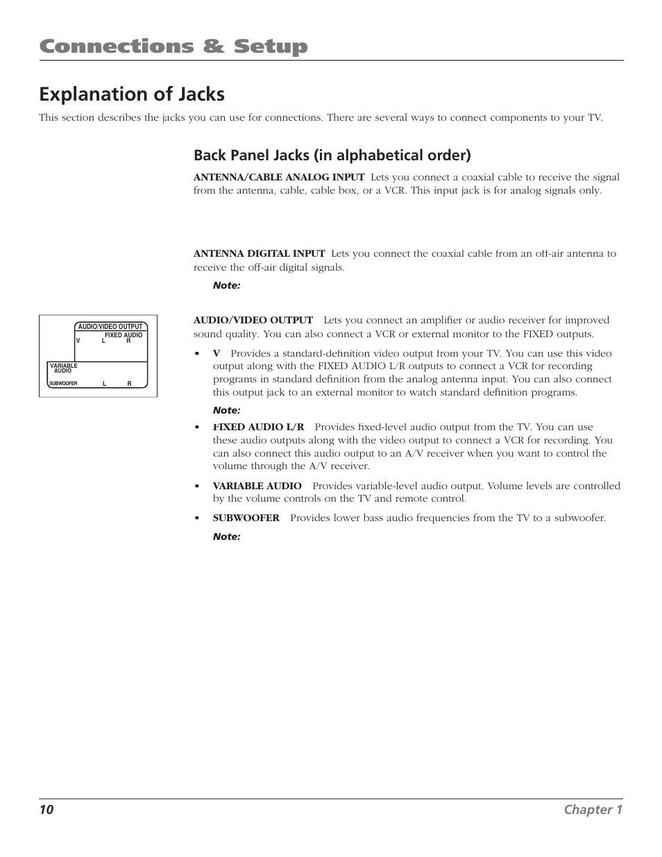 Connections & setup, Explanation of jacks, Back panel jacks (in alphabetical order) | 10 chapter 1 | GE RCA High Definition Television User Manual | Page 12 / 64