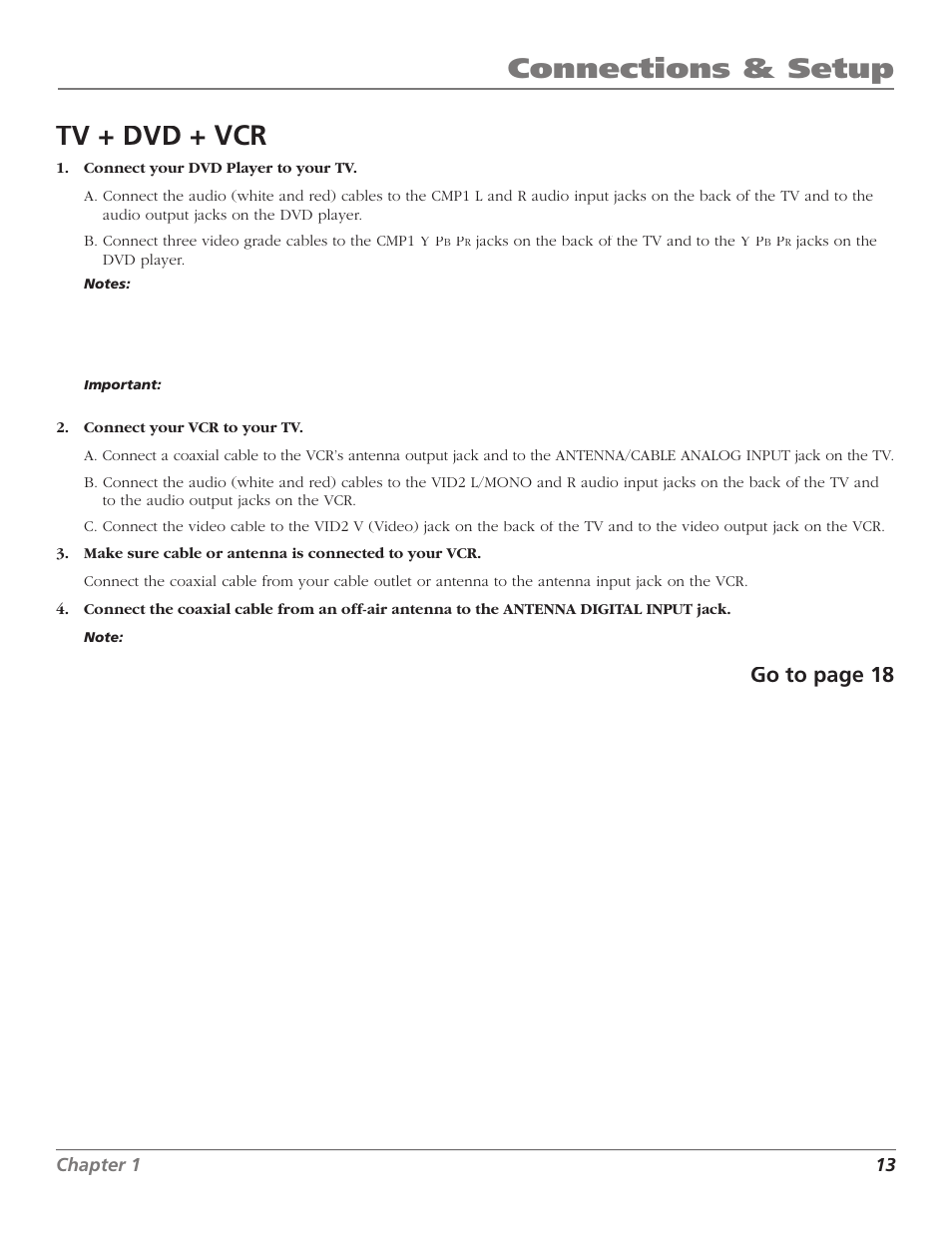 Connections & setup, Tv + dvd + vcr, Go to page 18 | Chapter 1 13 | GE RCA High Definition Television User Manual | Page 15 / 64