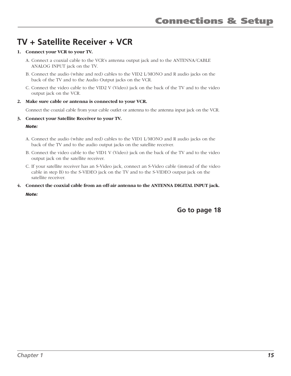 Connections & setup, Tv + satellite receiver + vcr, Go to page 18 | GE RCA High Definition Television User Manual | Page 17 / 64