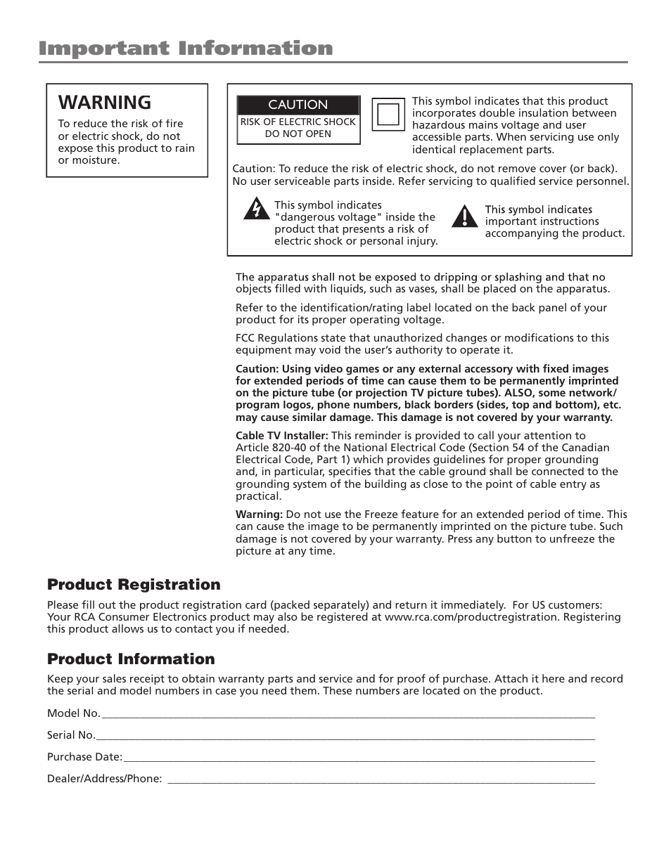 Warning w w, Important information, Product registration | Product information | GE RCA High Definition Television User Manual | Page 2 / 64