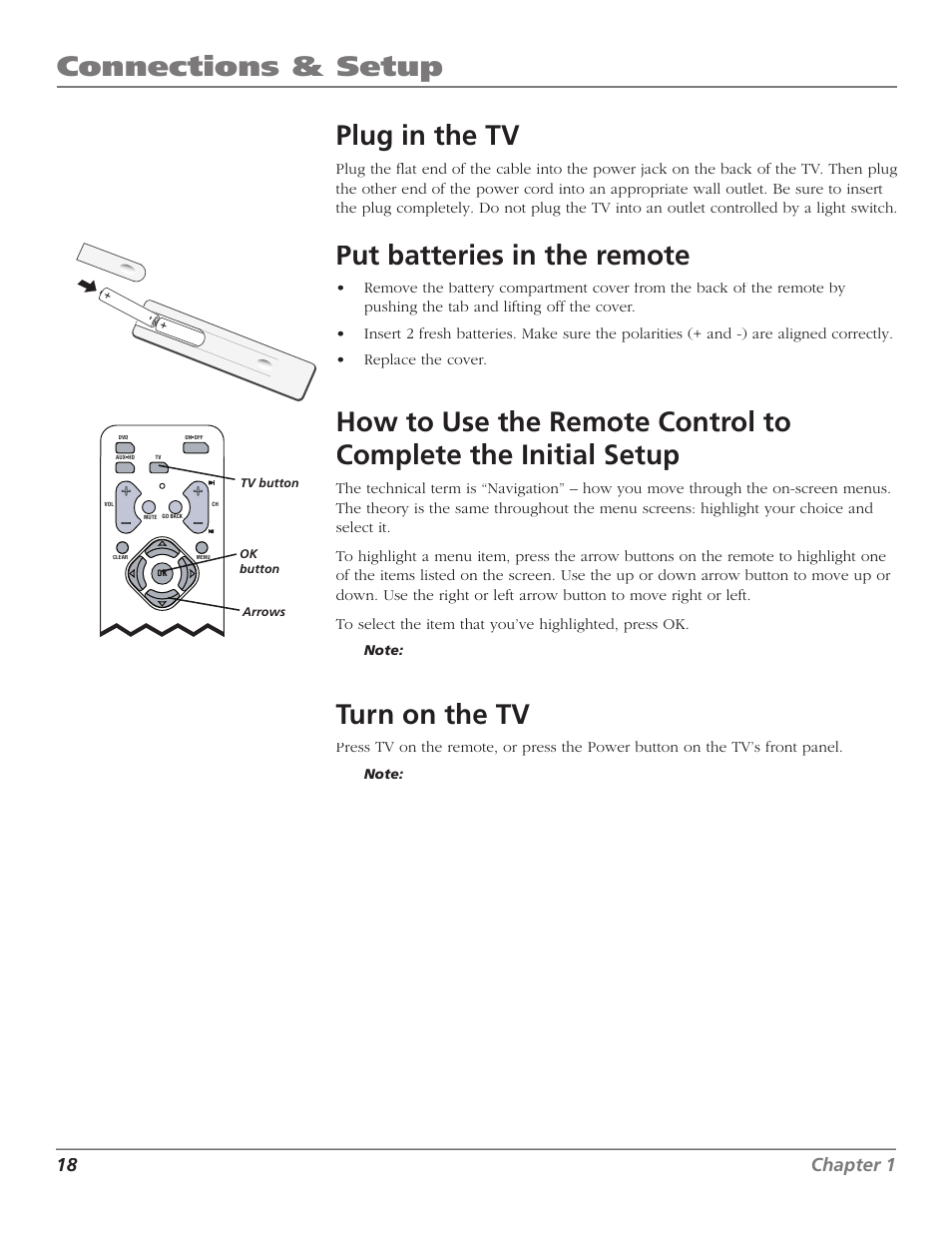 Connections & setup, Plug in the tv, Put batteries in the remote | Turn on the tv, 18 chapter 1 | GE RCA High Definition Television User Manual | Page 20 / 64