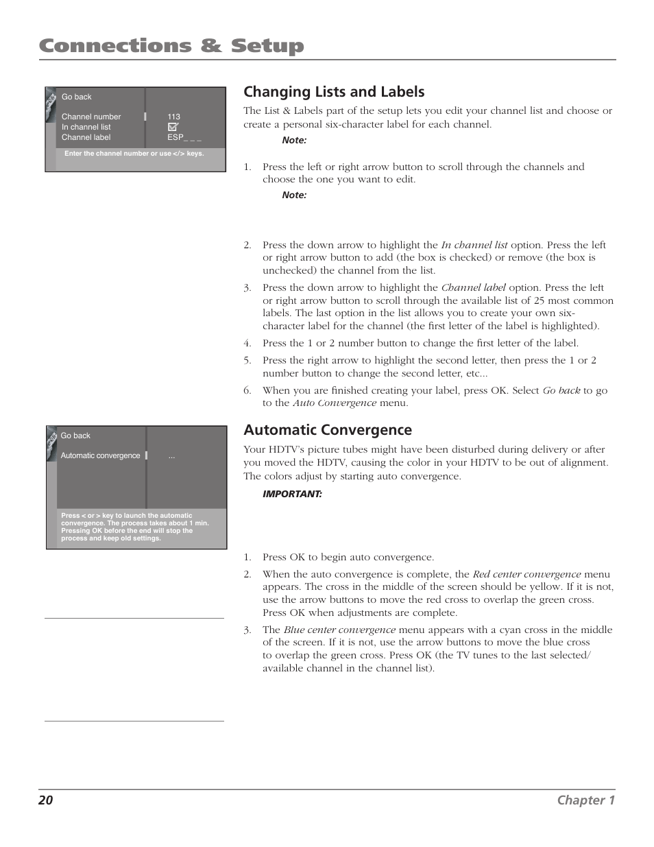 Connections & setup, Changing lists and labels, Automatic convergence | 20 chapter 1 | GE RCA High Definition Television User Manual | Page 22 / 64