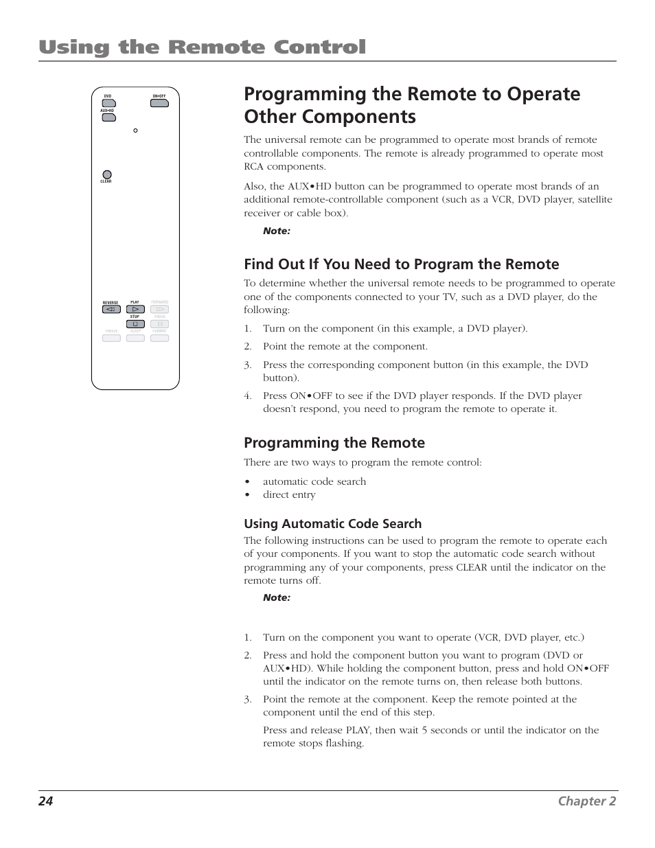 Find out if you need to program the remote, Programming the remote, 24 chapter 2 | Using automatic code search | GE RCA High Definition Television User Manual | Page 26 / 64