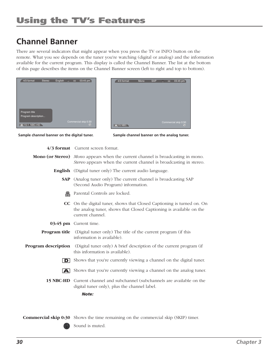Using the tv’s features, Channel banner, 30 chapter 3 | GE RCA High Definition Television User Manual | Page 32 / 64