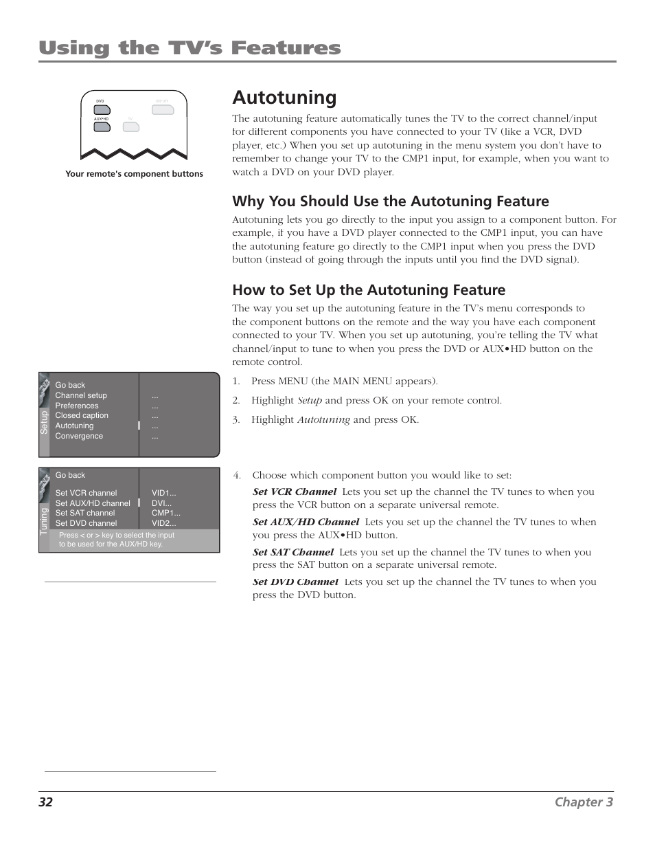 Using the tv’s features, Autotuning, Why you should use the autotuning feature | How to set up the autotuning feature, 32 chapter 3 | GE RCA High Definition Television User Manual | Page 34 / 64