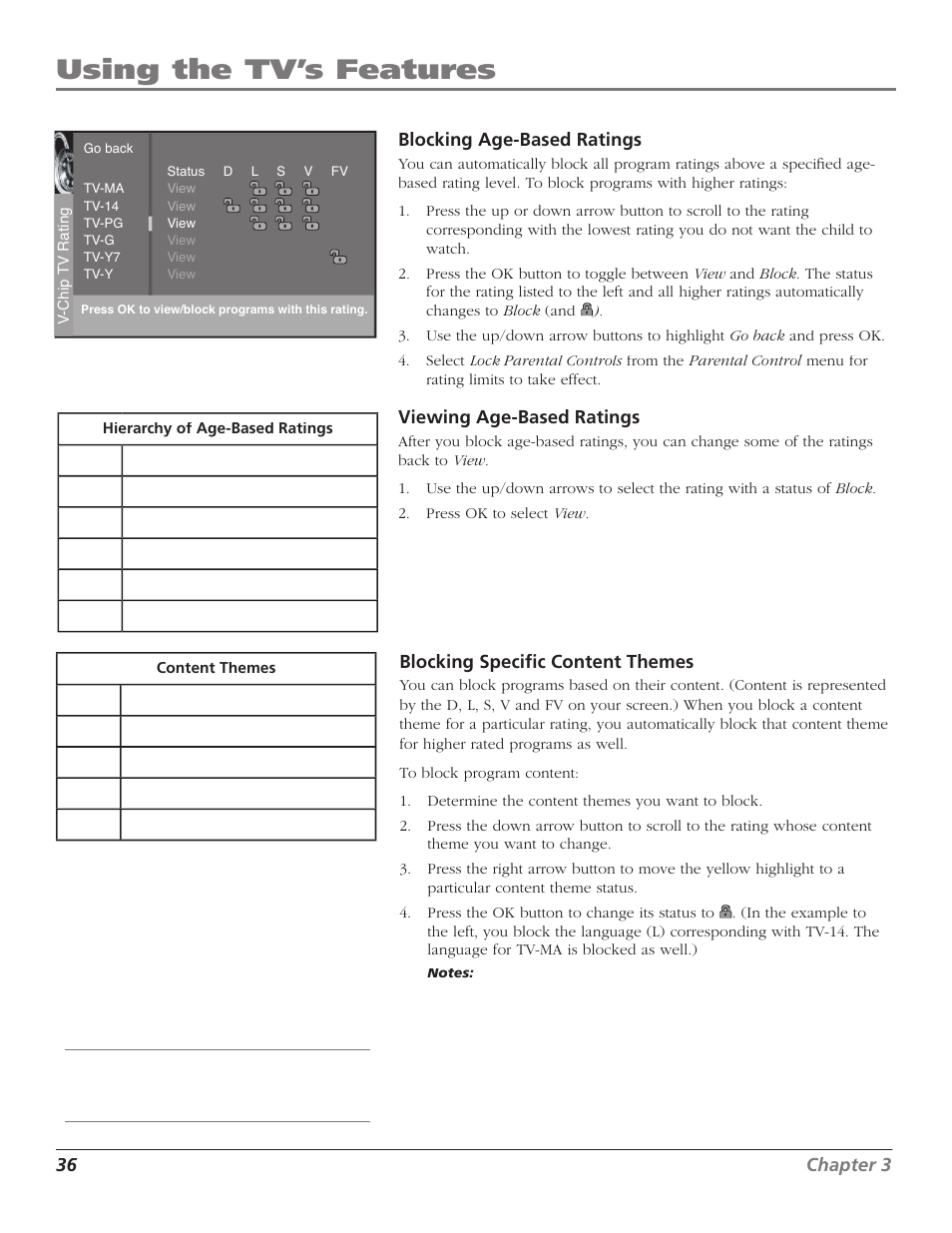 Using the tv’s features, 36 chapter 3 blocking age-based ratings, Viewing age-based ratings | Blocking speciﬁ c content themes | GE RCA High Definition Television User Manual | Page 38 / 64