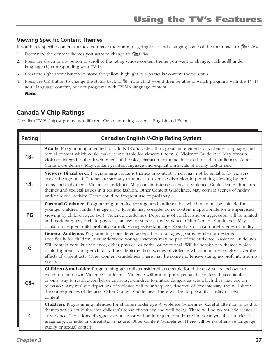 Using the tv’s features, Canada v-chip ratings | GE RCA High Definition Television User Manual | Page 39 / 64