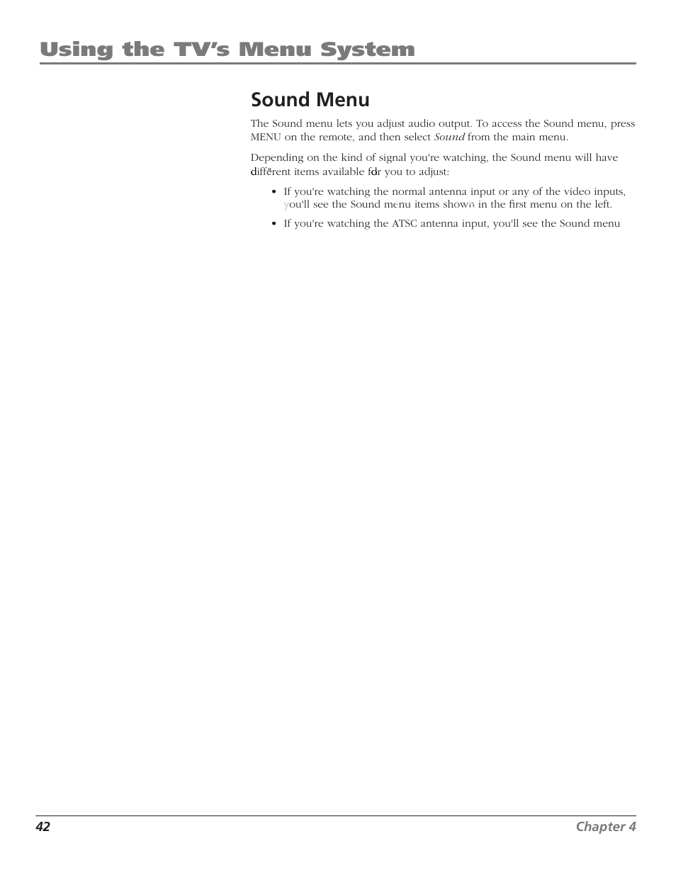 Using the tv’s menu system sound menu | GE RCA High Definition Television User Manual | Page 44 / 64
