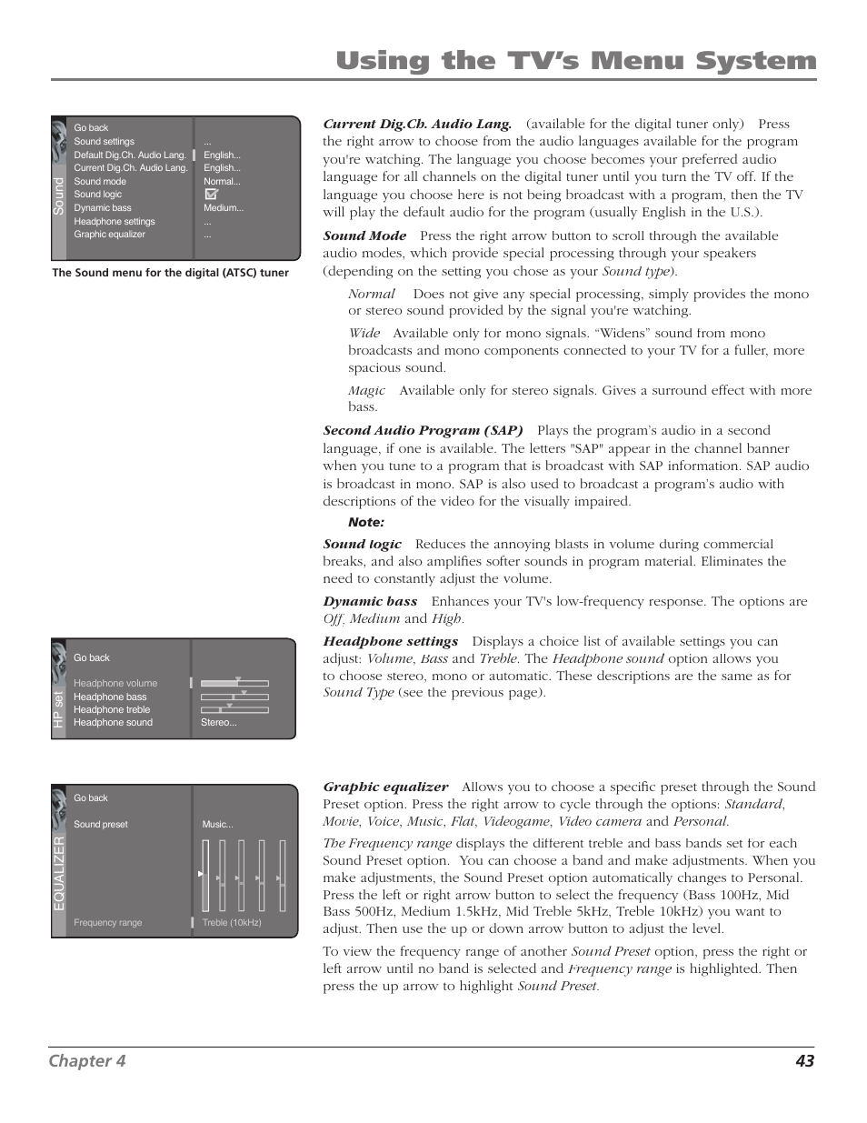 Using the tv’s menu system, Chapter 4 43 | GE RCA High Definition Television User Manual | Page 45 / 64