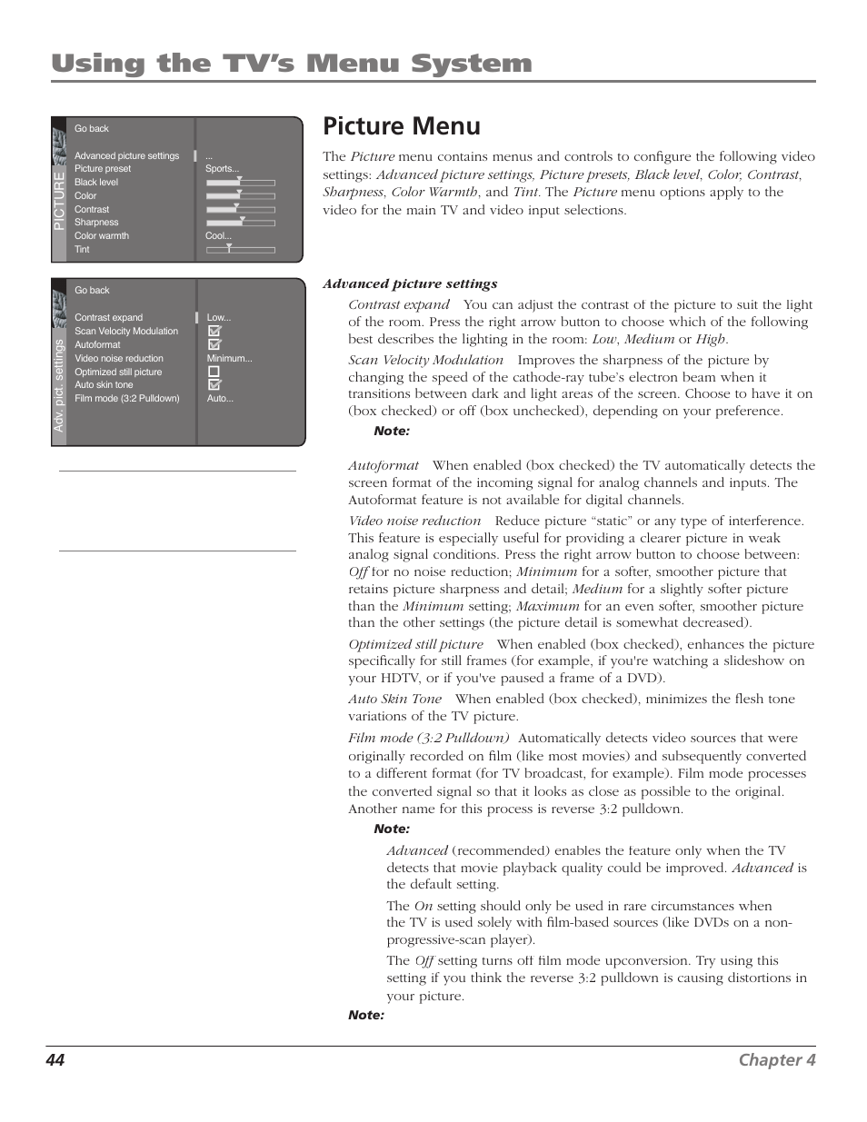 Using the tv’s menu system picture menu, 44 chapter 4 | GE RCA High Definition Television User Manual | Page 46 / 64