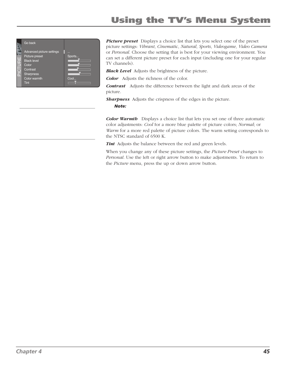 Using the tv’s menu system, Chapter 4 45 | GE RCA High Definition Television User Manual | Page 47 / 64