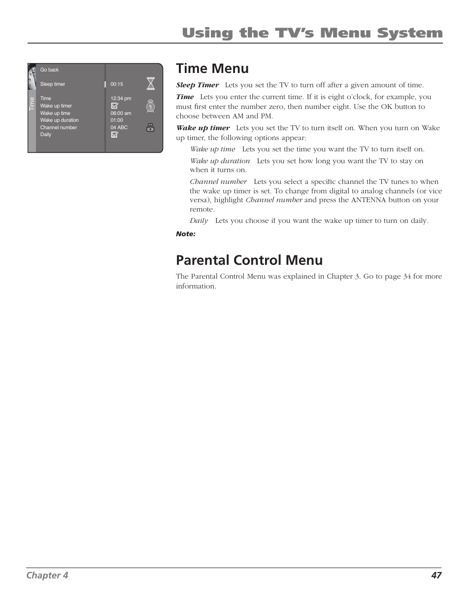 Using the tv’s menu system, Time menu, Parental control menu | Chapter 4 47 | GE RCA High Definition Television User Manual | Page 49 / 64