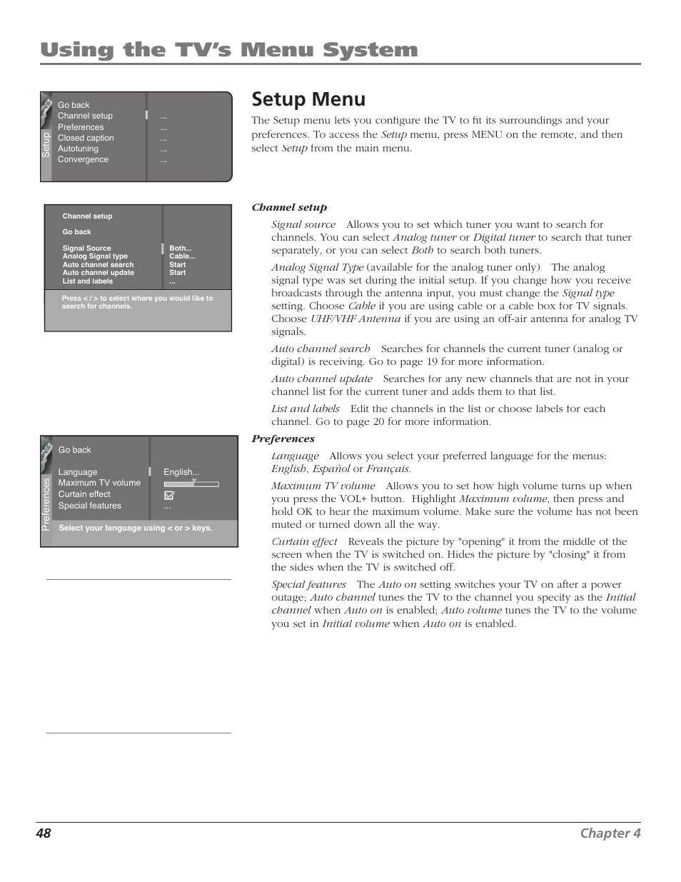 Using the tv’s menu system setup menu, 48 chapter 4 | GE RCA High Definition Television User Manual | Page 50 / 64