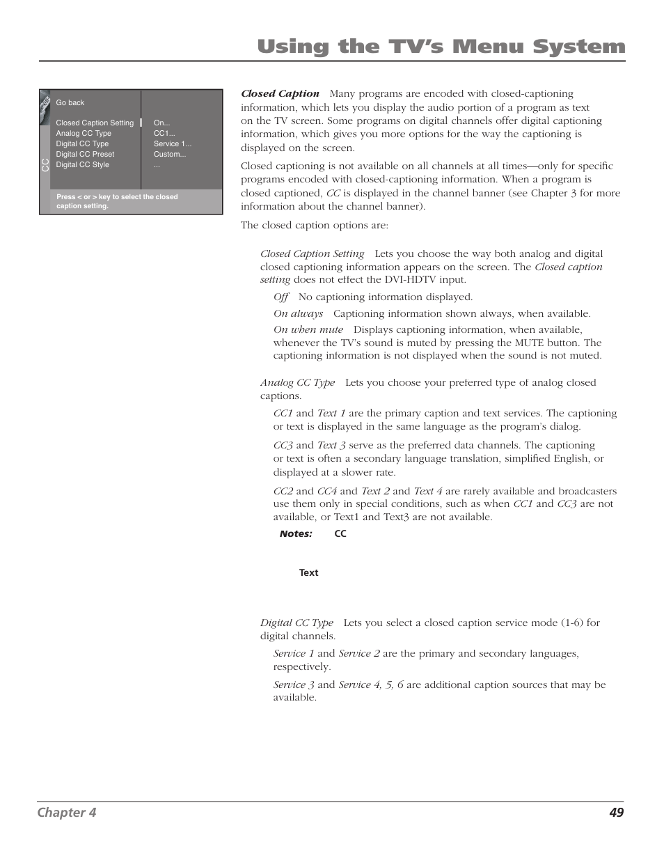 Using the tv’s menu system, Chapter 4 49 | GE RCA High Definition Television User Manual | Page 51 / 64