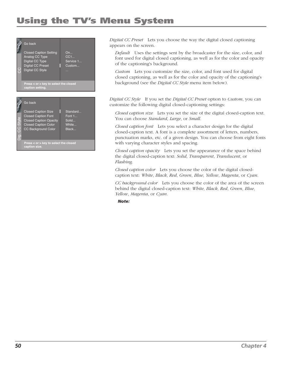 Using the tv’s menu system, 50 chapter 4 | GE RCA High Definition Television User Manual | Page 52 / 64