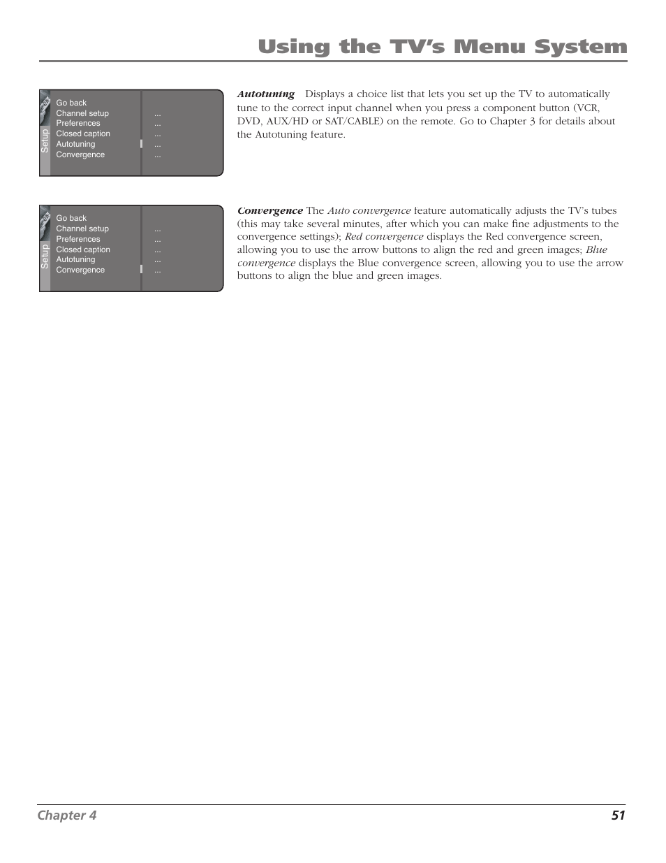 Using the tv’s menu system, Chapter 4 51 | GE RCA High Definition Television User Manual | Page 53 / 64