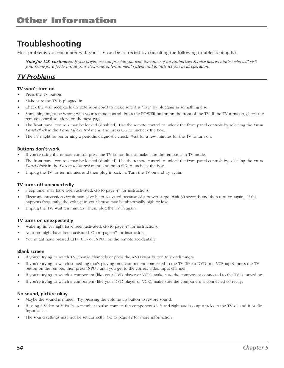 Troubleshooting, Other information, Tv problems problems | GE RCA High Definition Television User Manual | Page 56 / 64