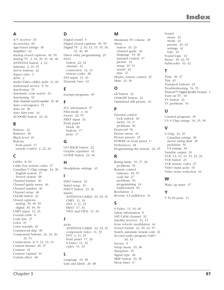 Index | GE RCA High Definition Television User Manual | Page 63 / 64