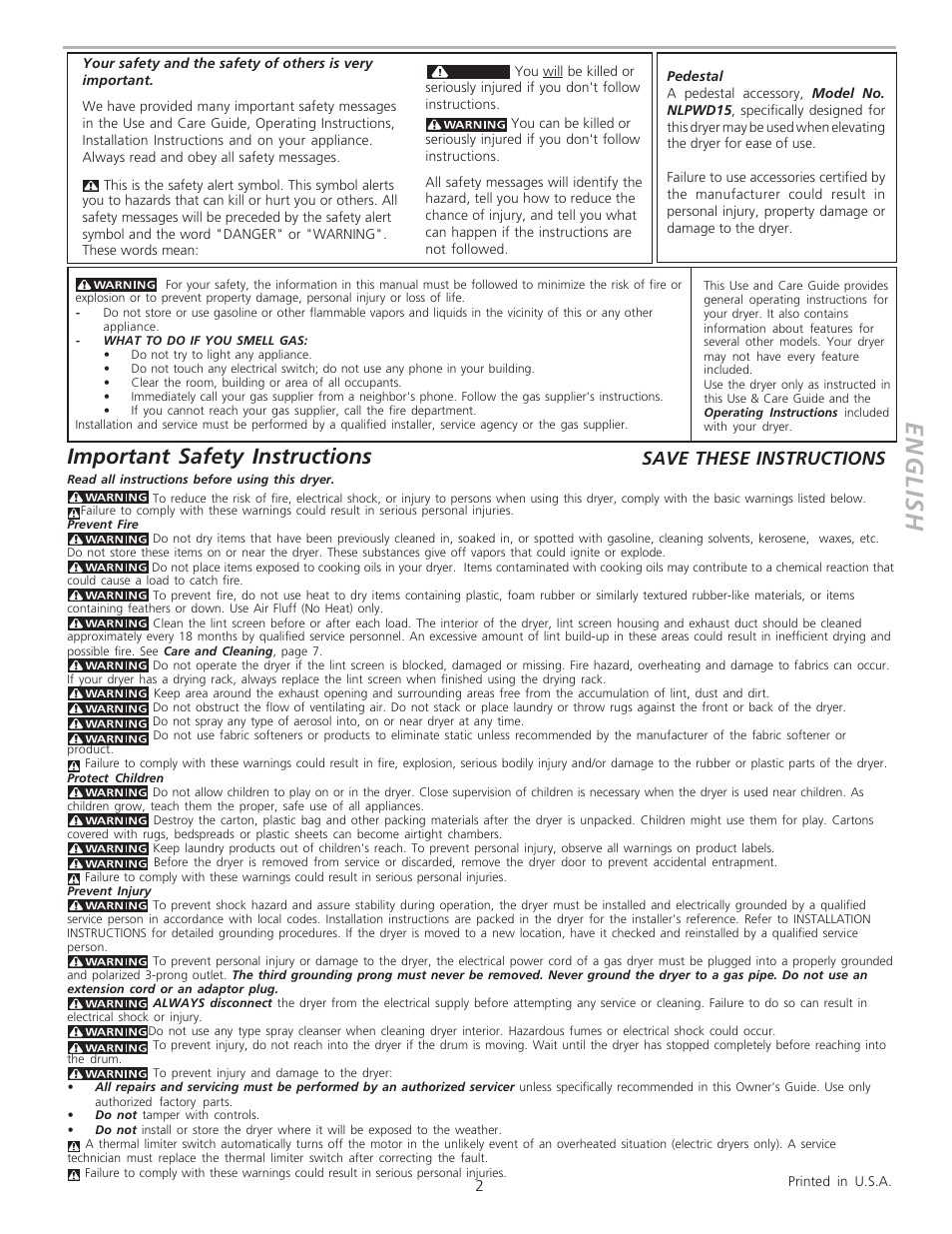 English, Important safety instructions, Save these instructions | GE PSXH47 User Manual | Page 2 / 7