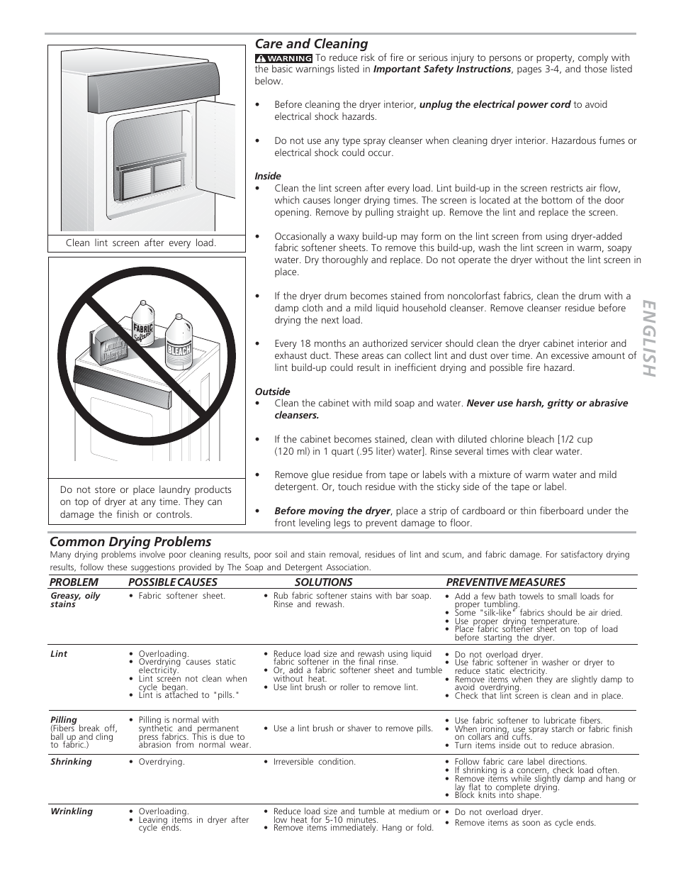 English, Care and cleaning, Common drying problems | GE PSXH47 User Manual | Page 4 / 7