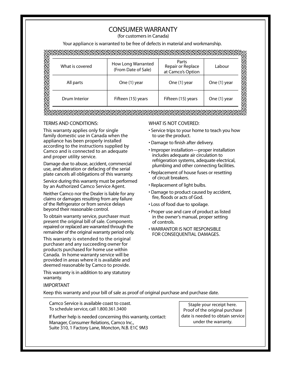 Consumer warranty | GE PSXH47 User Manual | Page 6 / 7