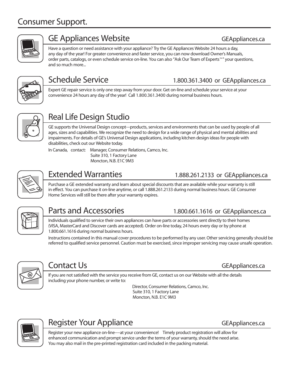 Consumer support. ge appliances website, Schedule service, Real life design studio | Extended warranties, Parts and accessories, Contact us, Register your appliance | GE PSXH47 User Manual | Page 7 / 7