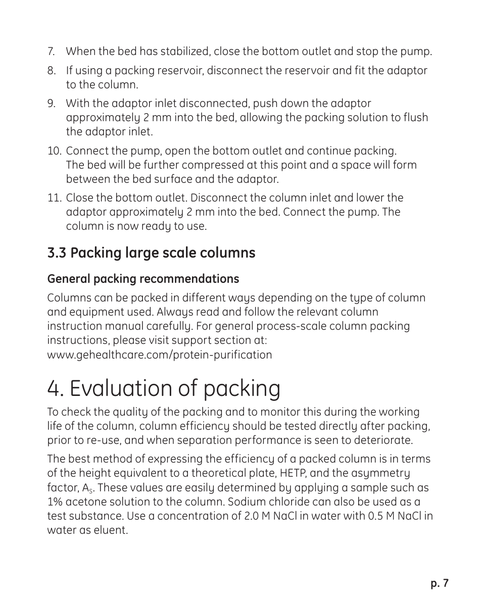 3 packing large scale columns, Evaluation of packing | GE 71-5000-15 AD User Manual | Page 7 / 12