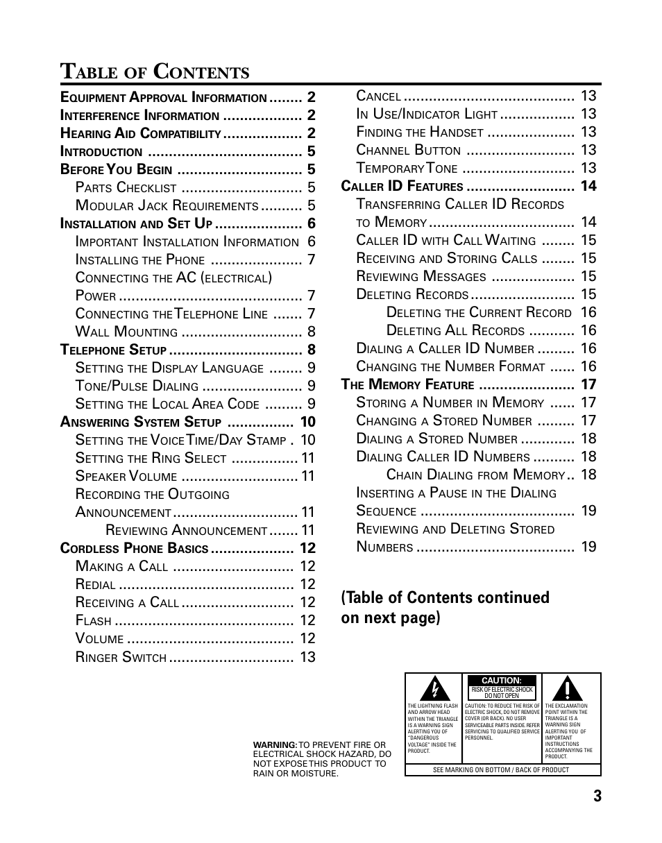 Table of contents continued on next page), Able, Ontents | GE 26998 User Manual | Page 3 / 68