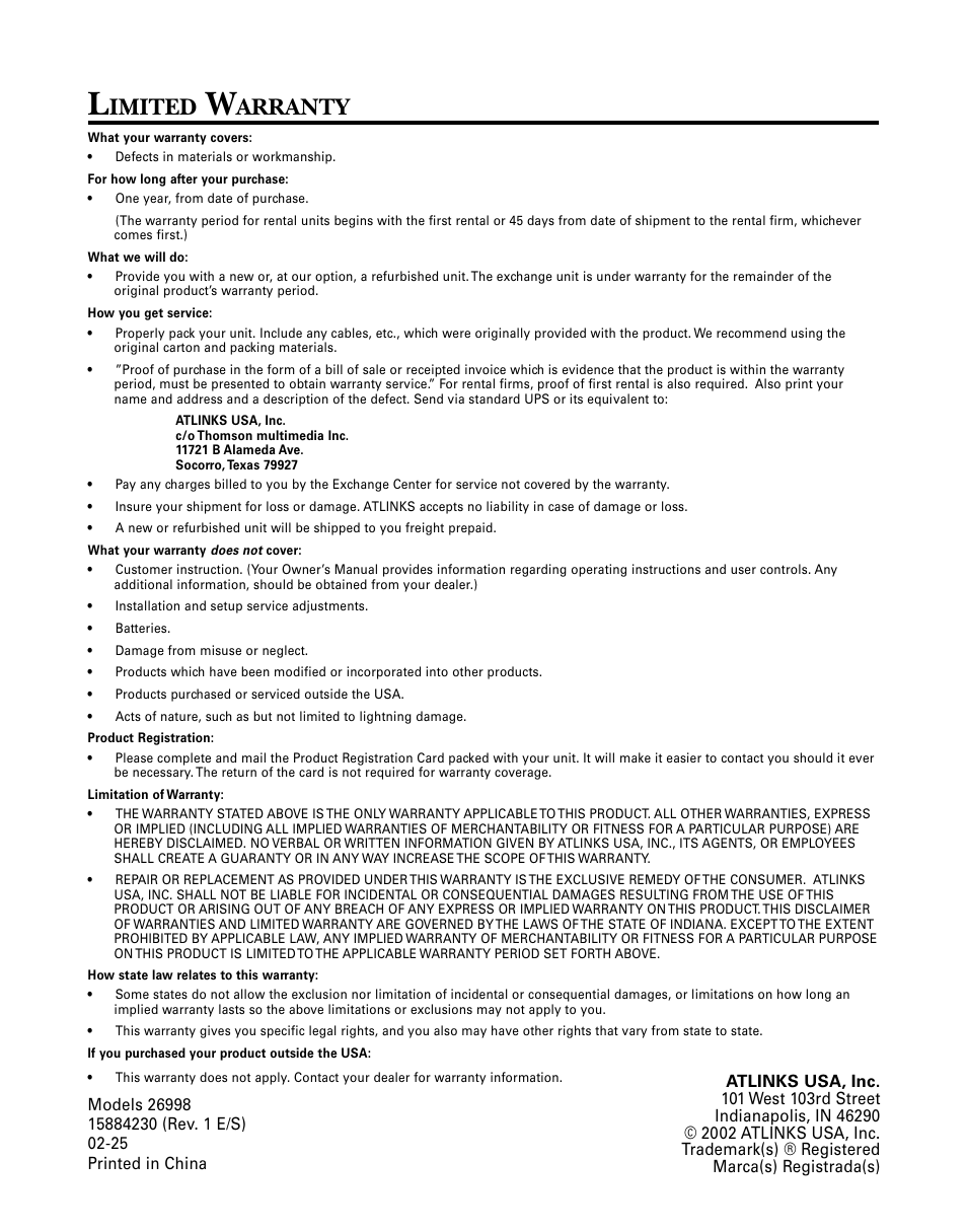 Imited, Arranty | GE 26998 User Manual | Page 34 / 68