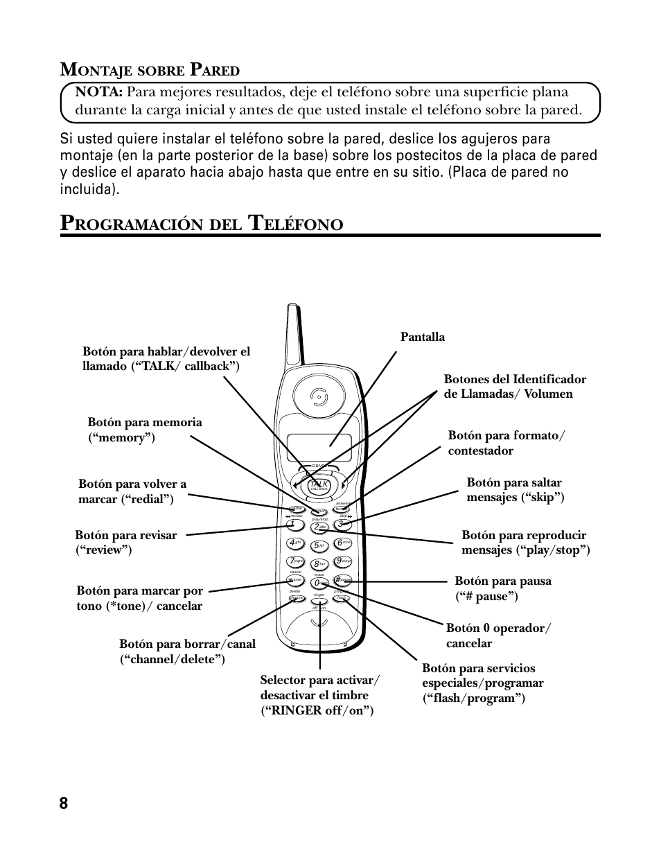 Rogramación, Eléfono, Ontaje | Sobre, Ared | GE 26998 User Manual | Page 42 / 68
