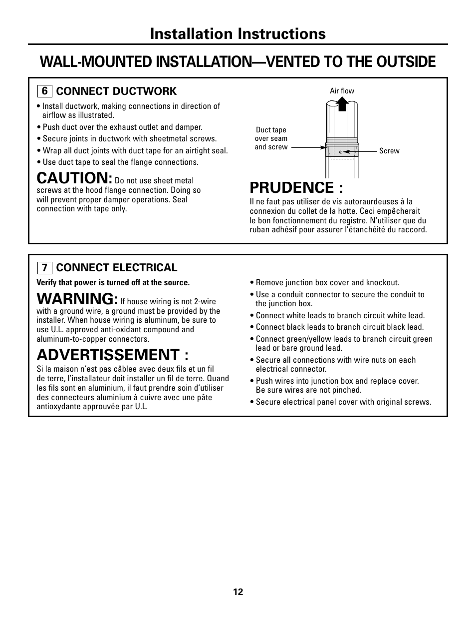 Step 6, connect ductwork, Step 7, connect electrical, Warning | Advertissement, Caution, Prudence | GE ZV800 User Manual | Page 12 / 24