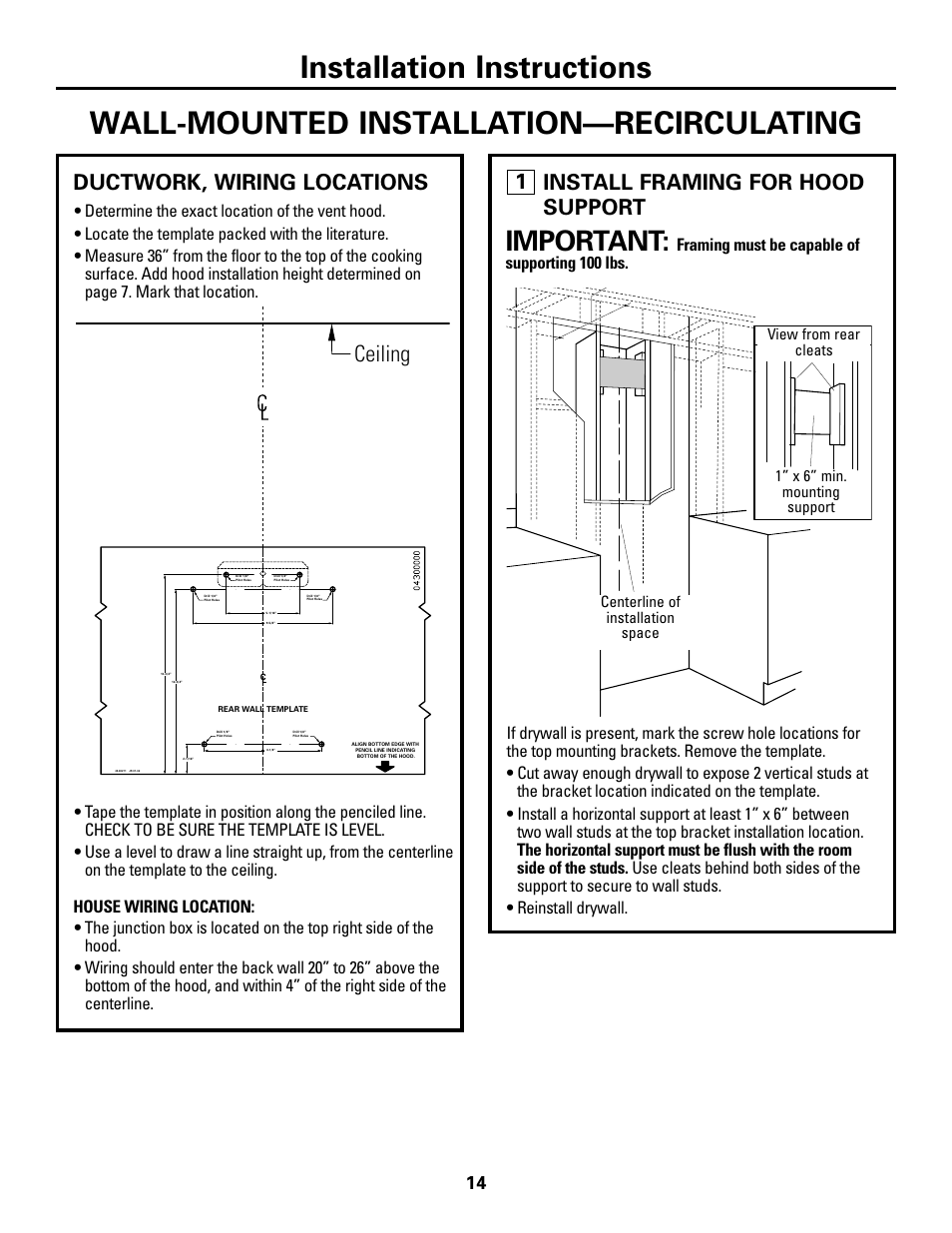 Ductwork, wiring locations, Step 1, install framing for hood support, Installation instructions | Wall-mounted installation—recirculating, Important, Ceiling, Install framing for hood support | GE ZV800 User Manual | Page 14 / 24