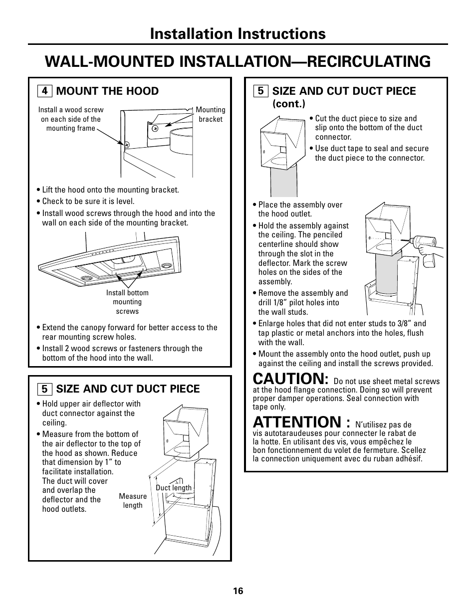 Step 4, mount the hood, Step 5, size and cut duct piece, Caution | Attention | GE ZV800 User Manual | Page 16 / 24