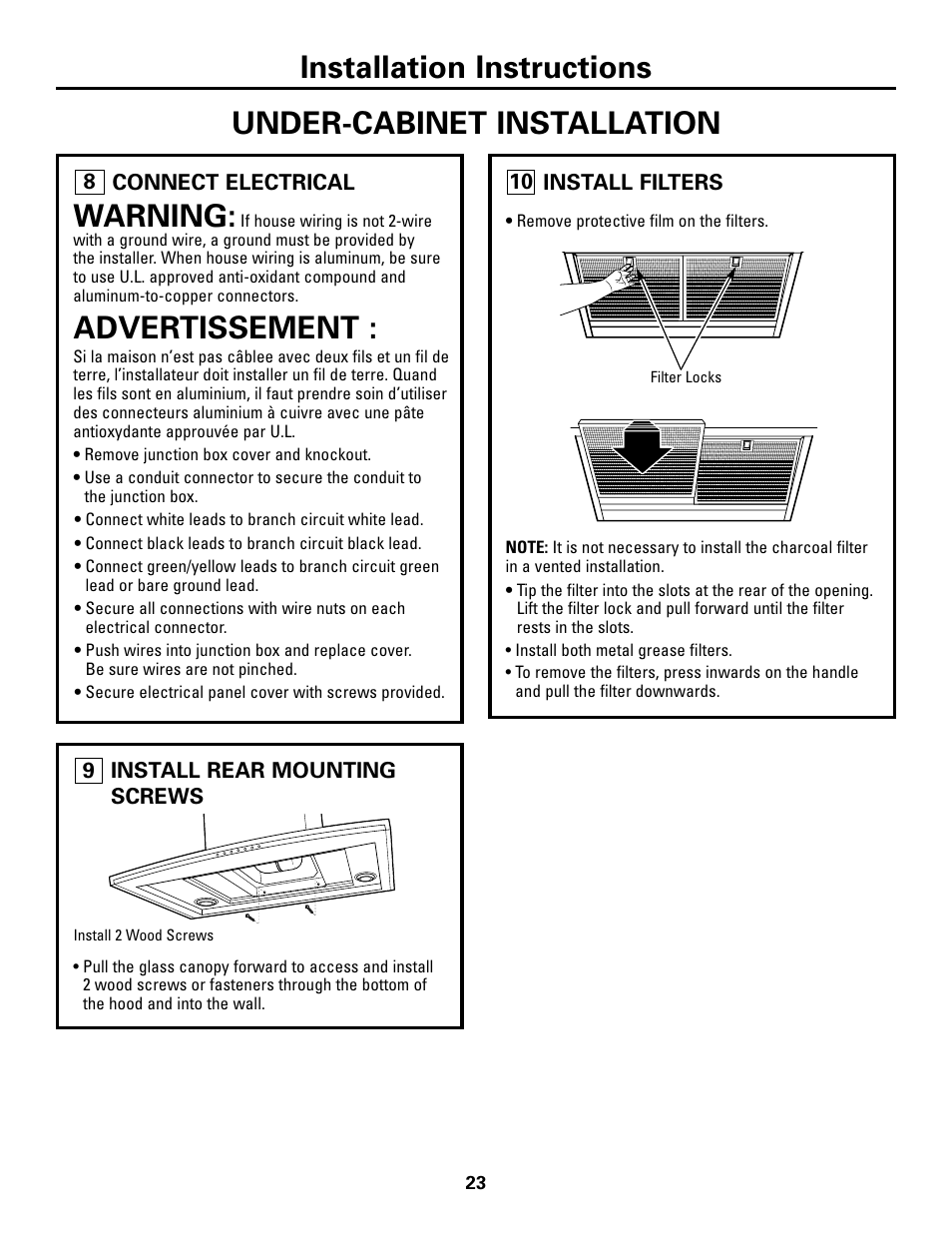 Step 8, connect electrical, Step 9, install rear mounting screws, Step 10, install filters | Installation instructions, Warning, Advertissement, Under-cabinet installation | GE ZV800 User Manual | Page 23 / 24