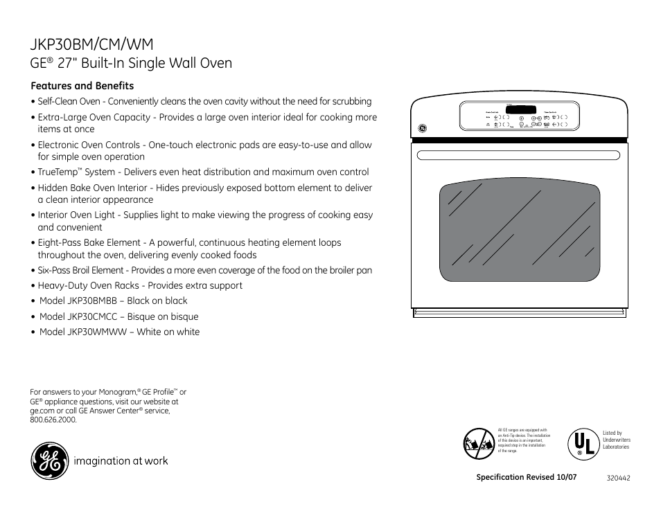 Jkp30wm/cm/bm, Jkp30bm/cm/wm, 27" built-in single wall oven | GE JKP30BM User Manual | Page 3 / 3