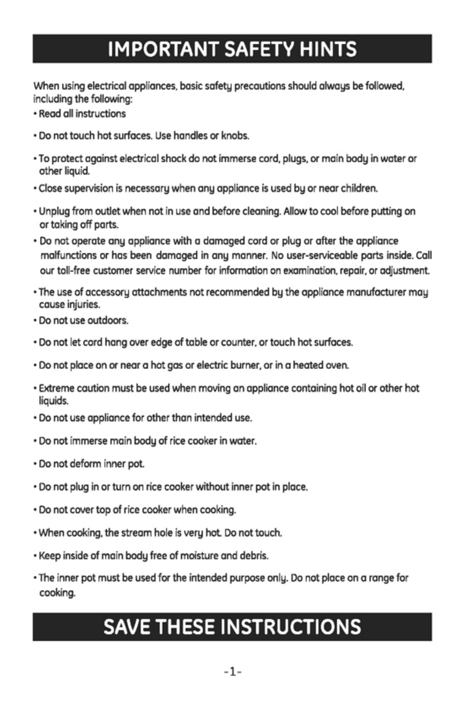 Important safety hints, Save these instructions | GE 169111 User Manual | Page 2 / 8