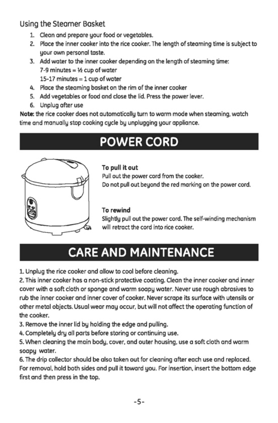 Using the steomer basket, Power cord, Care and maintenance | GE 169111 User Manual | Page 6 / 8