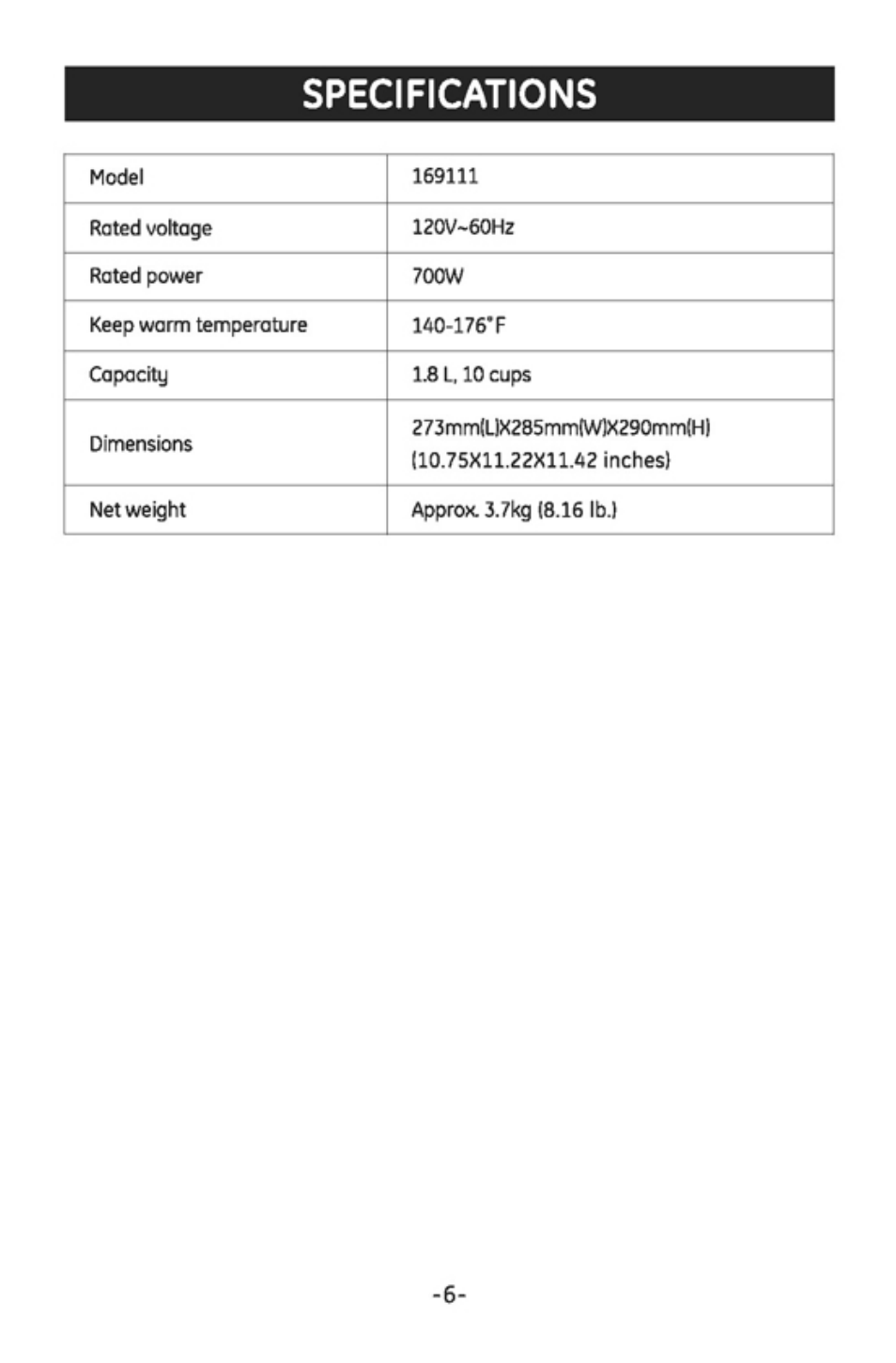 Specifications | GE 169111 User Manual | Page 7 / 8