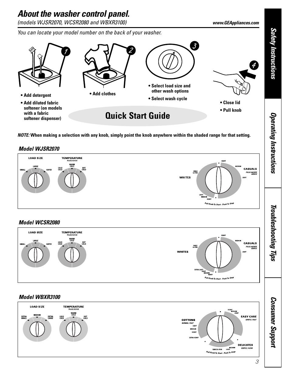 Control panels and settings, Control panels and settings –6, About the washer control panel | Quick start guide | GE WBXR3100 User Manual | Page 3 / 16