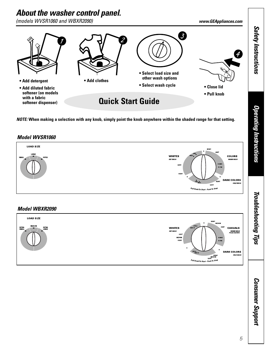 About the washer control panel, Quick start guide | GE WBXR3100 User Manual | Page 5 / 16
