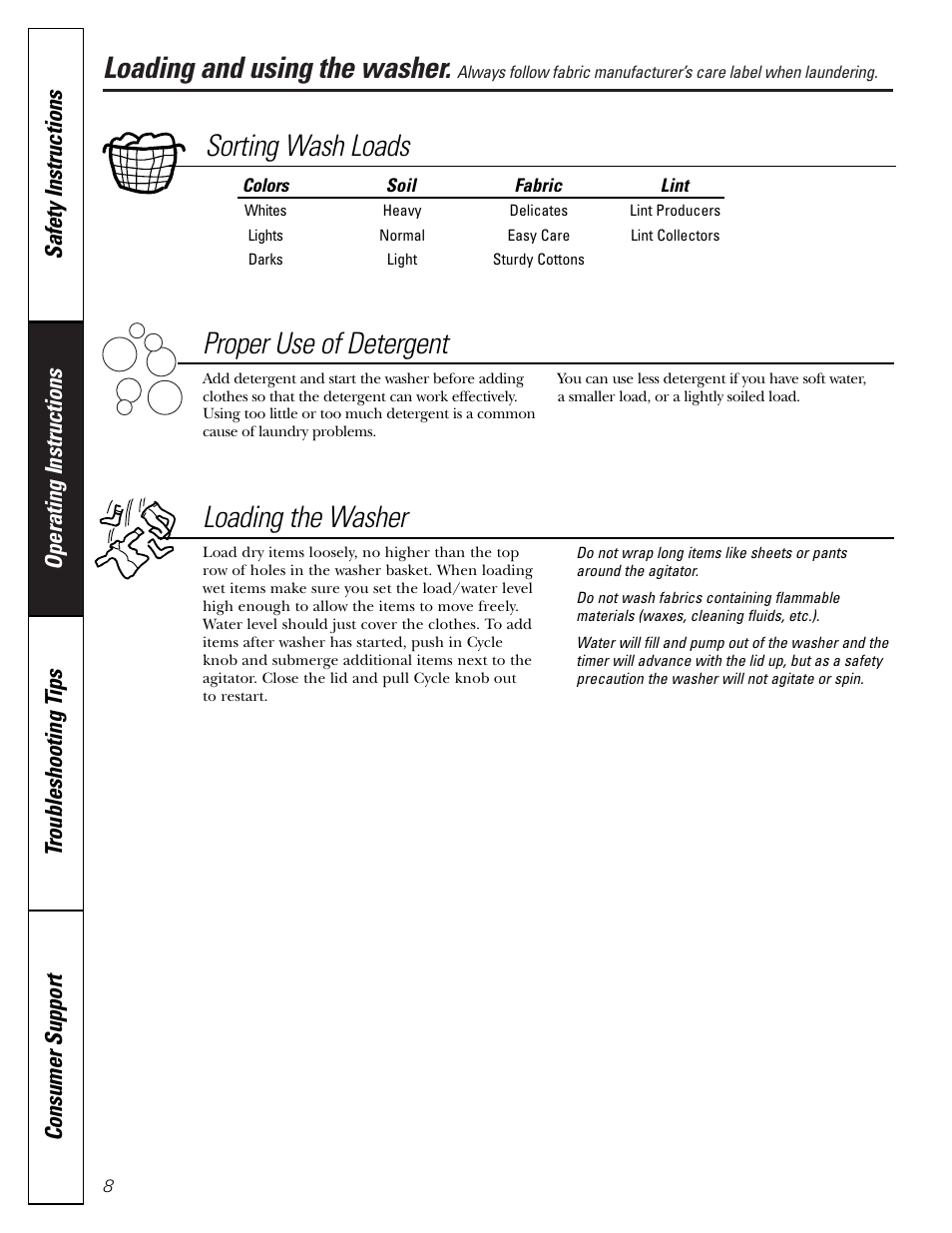 Loading and using the washer the washer, Loading and using the washer , 9, Loading and using the washer | Sorting wash loads proper use of detergent, Loading the washer | GE WBXR3100 User Manual | Page 8 / 16