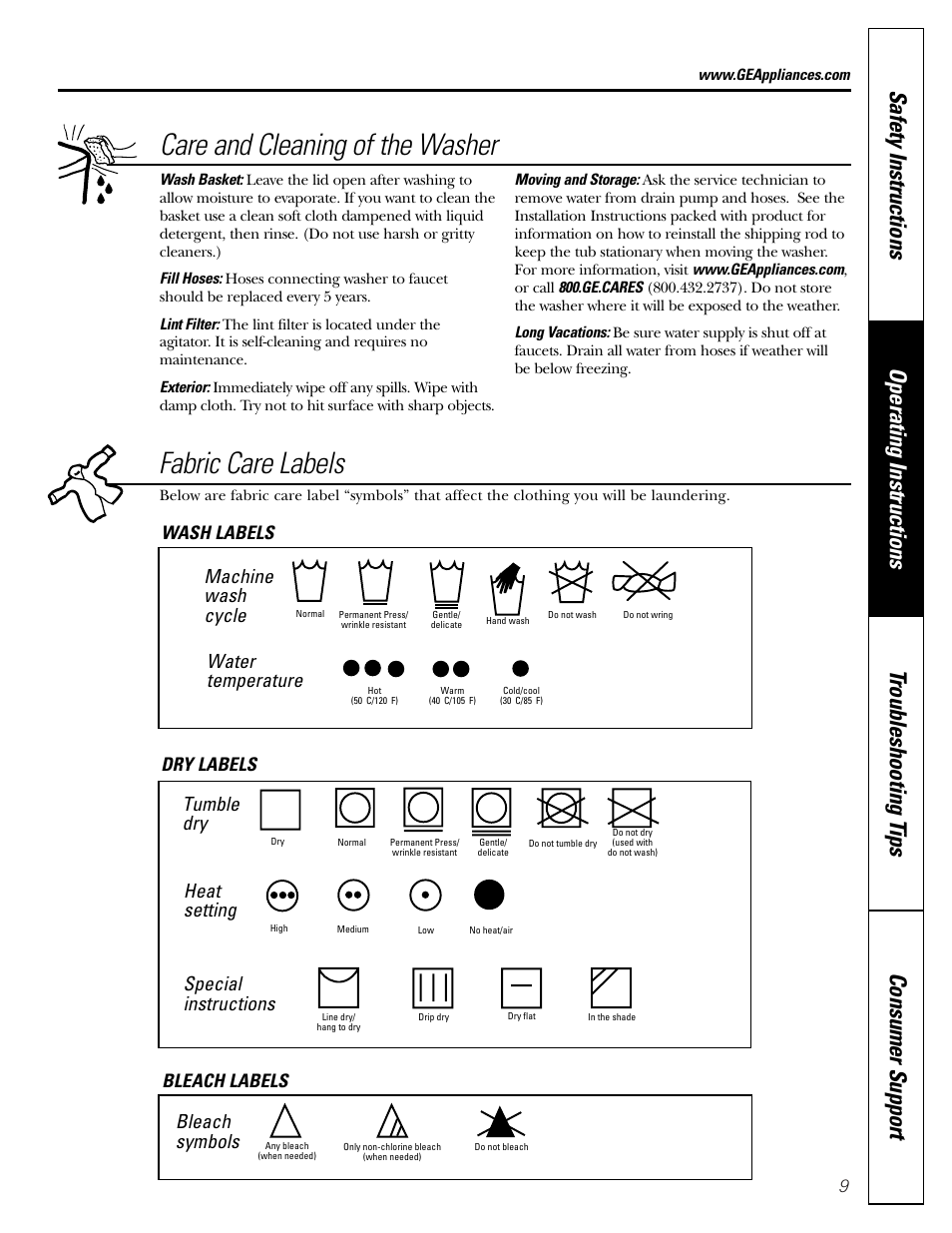 Care and cleaning of the washer, Fabric care labels, Machine wash cycle | Water temperature, Tumble dry, Heat setting, Special instructions, Bleach symbols, Wash labels dry labels bleach labels | GE WBXR3100 User Manual | Page 9 / 16