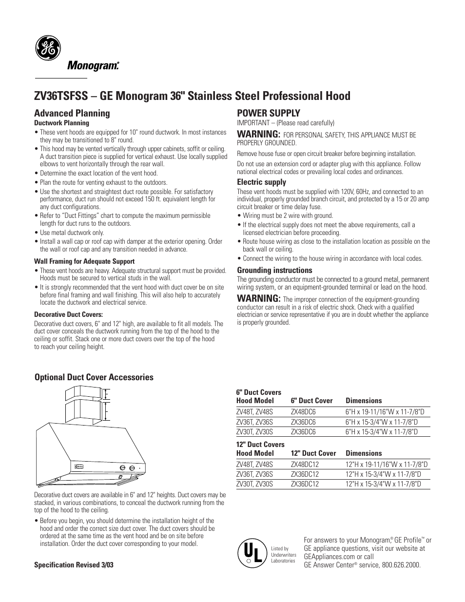 Advanced planning, Power supply, Warning | Optional duct cover accessories | GE MONOGRAM ZV36TSFSS User Manual | Page 2 / 4